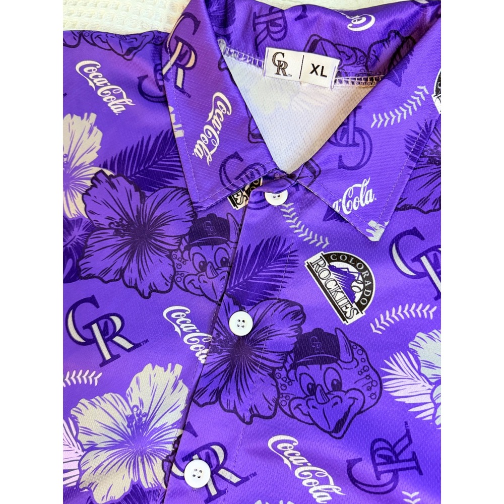 MLB Colorado Rockies Button Down Shirt Mens XL Purple Coca-Cola Tropical Floral